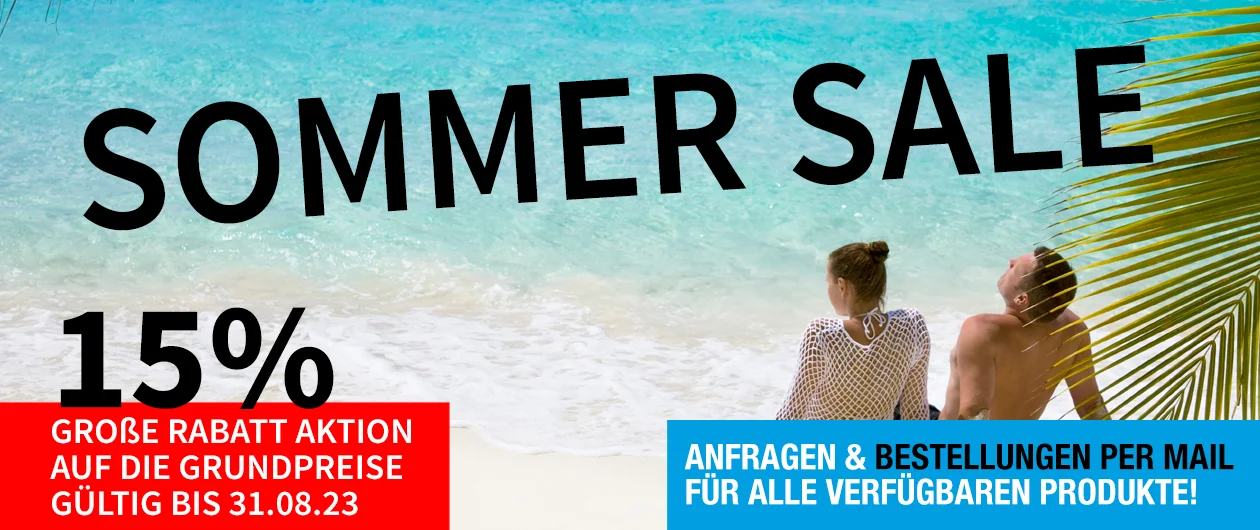 Sommerliche Sonderaktion bis zum 31.08.2023! 15% Rabatt auf unsere Sonnenschirme, aufblasbaren Eventzelte und Displaysysteme!